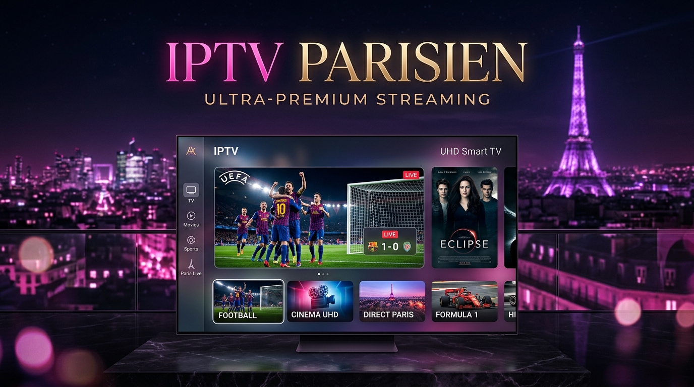 Interface IPTV Parisien 4K UHD sur Smart TV moderne avec vue nocturne de Paris